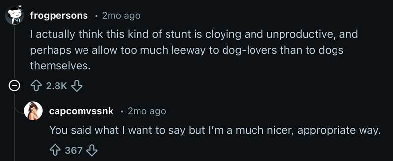“I actually think this kind of stunt is cloying and unproductive,” u/frogpersons wrote. “Perhaps we allow too much leeway to dog-lovers than to dogs themselves.”
“You said what I want to say but I’m a much nicer, appropriate way,” replied u/capcomvssnk.