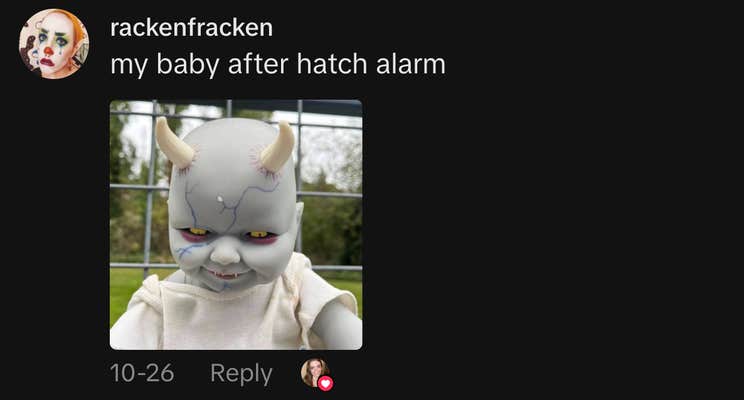 “my baby after hatch alarm” image of demonic baby