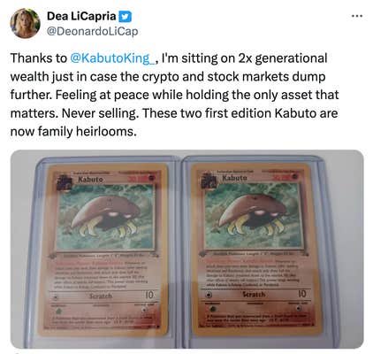 @DeonardoLiCap's tweet with a photo of two Kabuto cards in protective cases.