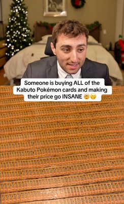 A man in a suit sitting at his desk, split screened with a video of thousands of Kabuto cards spread out on the floor. Text overlay reads, "Someone is buying ALL of the Kabuto Pokémon cards and making their price so INSANE."