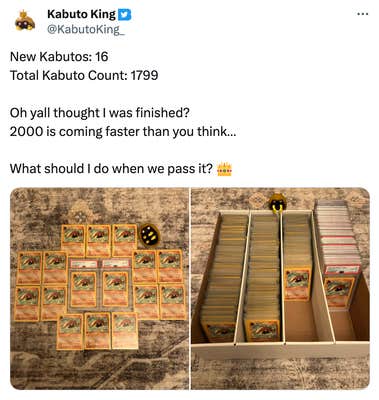 Tweet that reads, "New Kabutos: 16 Total Kabuto Count: 1799 Oh yall thought I was finished? 
2000 is coming faster than you think… What should I do when we pass it? 👑" with two photos of their Kabuto collection.