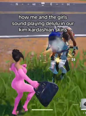 Two Kim Kardashian Fortnite skins beating up another player character. Text overlay reads, "how me and the girls sound playing delulu in our kim kardashian skins."