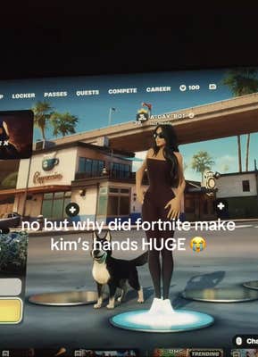 Still of the Kim K skin in Fortnite posing with her giant hands outside a cafe. Text overlay reads, "no but why did fortnite make kim's hands HUGE"