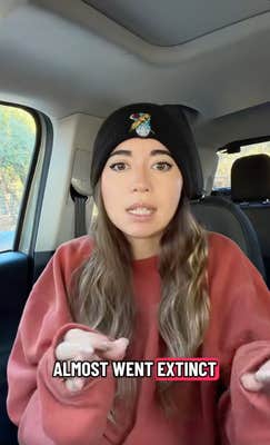 A brown-haired woman in a black beanie and big red sweater talking to her camera in the car. Caption reads, "Almost went extinct."