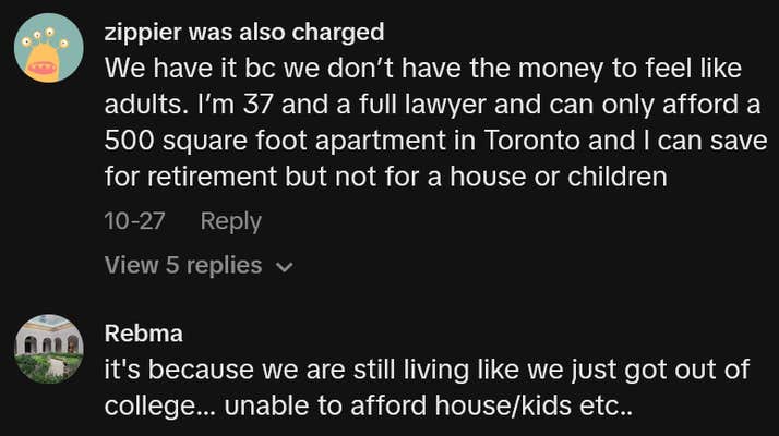 TikTok comments including one reading "We have it bc we don’t have the money to feel like adults. I’m 37 and a full lawyer and can only afford a 500 square foot apartment in Toronto and I can save for retirement but not for a house or children"