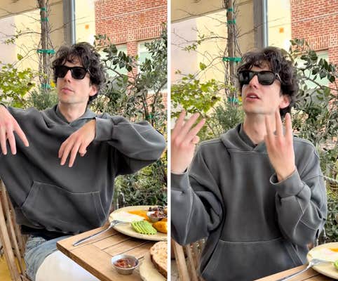 man holding hands in an M shape and then a W shape