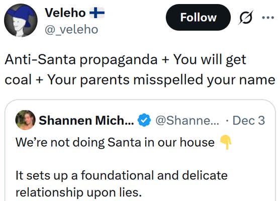 Tweet reading "Anti-Santa propaganda + You will get coal + Your parents misspelled your name"