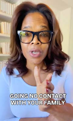 Oprah standing in a room with a bookcase behind her, talking to the camera with one hand gesturing. Text overlay reads, "Going no contact with your family."