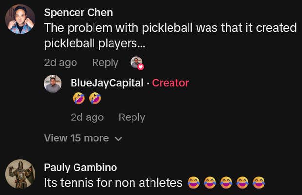 TikTok comments including one reading "The problem with pickleball was that it created pickleball players…"
