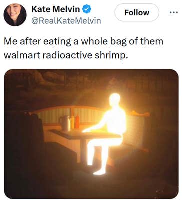 Radioactive shrimp meme with an image of a glowing man at a restaurant booth.