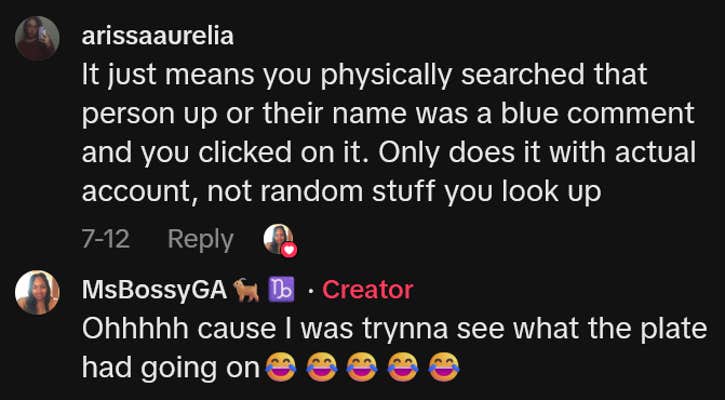 TikTok comments including one reading "It just means you physically searched that person up or their name was a blue comment and you clicked on it. Only does it with actual account, not random stuff you look up"