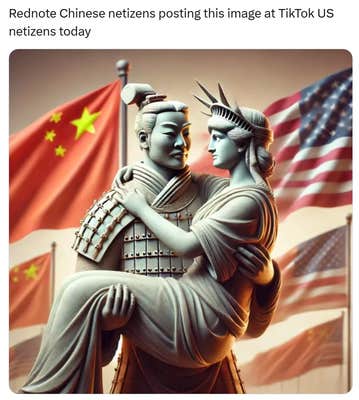 RedNote meme with an AI-generated image of a Chinese warrior bridal carrying the Statue of Liberty with flags in the background. Text reads, "Rednote Chinese netizens posting this image at TikTok US netizens today"