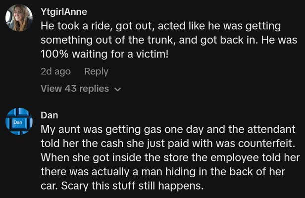 TikTok comments including one reading "He took a ride, got out, acted like he was getting something out of the trunk, and got back in. He was 100% waiting for a victim!"