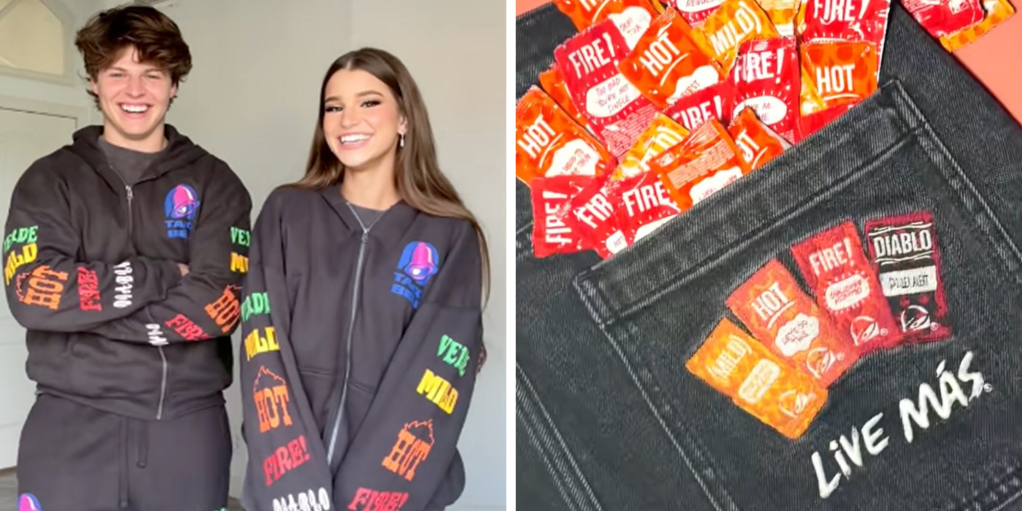 Left: Couple wearing Hoodies from the Taco Bell x Hollister collaboration. Right: Pair of jeans with "Live Mas" stitched on the back pocket below Taco Bell's 4 different hot sauce packets, dozens of various Taco Bell hot sauce packets falling out of back pocket.