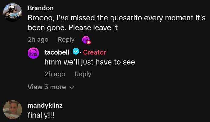 TikTok comments including one reading "Broooo, I&rsquo;ve missed the quesarito every moment it&rsquo;s been gone. Please leave it"