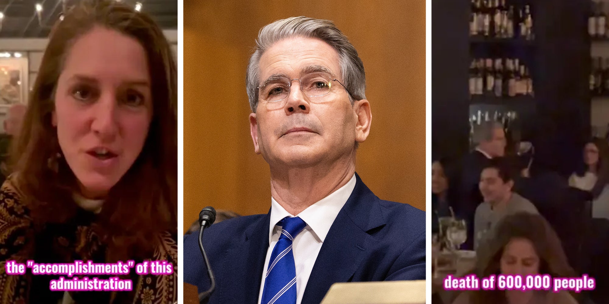 3 panel: Left: Brunette woman, CODEPINK activist looking into the camera, text overlay reads, "the 'accomplishments' of this administration." Middle: U.S. Treasury Secretary Scott Bessent under Donald <a href=