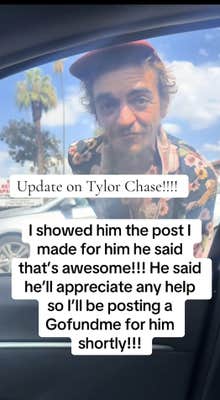 Tylor Chase leaning toward a car window. Text overlay reads, "I showed him the post I made for him he said that's awesome!!! He said he'll appreciate any help so I'll be posting a Gofundme for him shortly!!!"