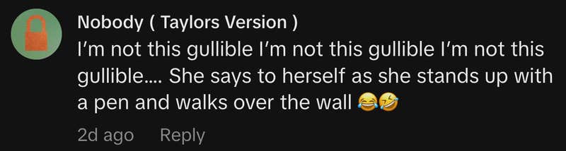 “I’m not this gullible I’m not this gullible I’m not this gullible…. She says to herself as she stands up with a pen and walks over the wall 😂🤣.”