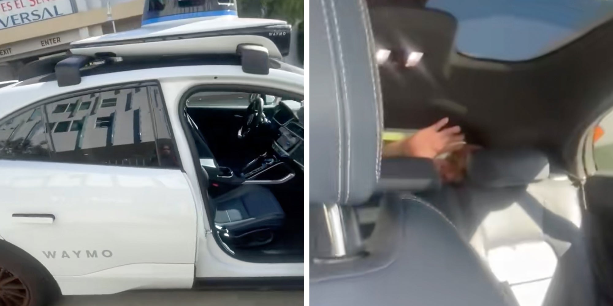 Left: Waymo robotaxi with its passenger side door open. Right: Man waving from the trunk of a Waymo robotaxi.