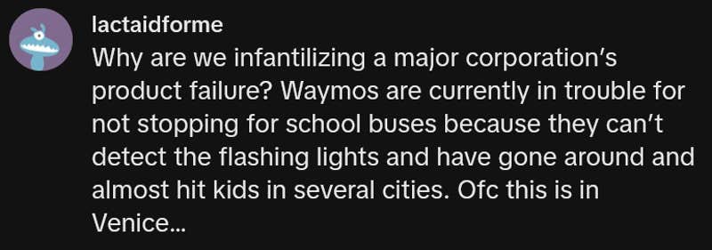 TikTok comment reading "Why are we infantilizing a major corporation’s product failure? Waymos are currently in trouble for not stopping for school buses because they can’t detect the flashing lights and have gone around and almost hit kids in several cities. Ofc this is in Venice…"