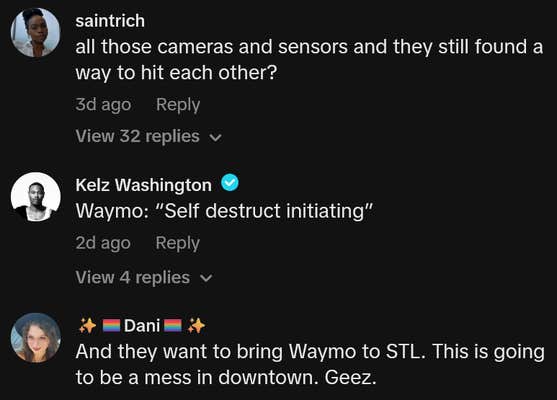 TikTok comments including one reading "all those cameras and sensors and they still found a way to hit each other?"
