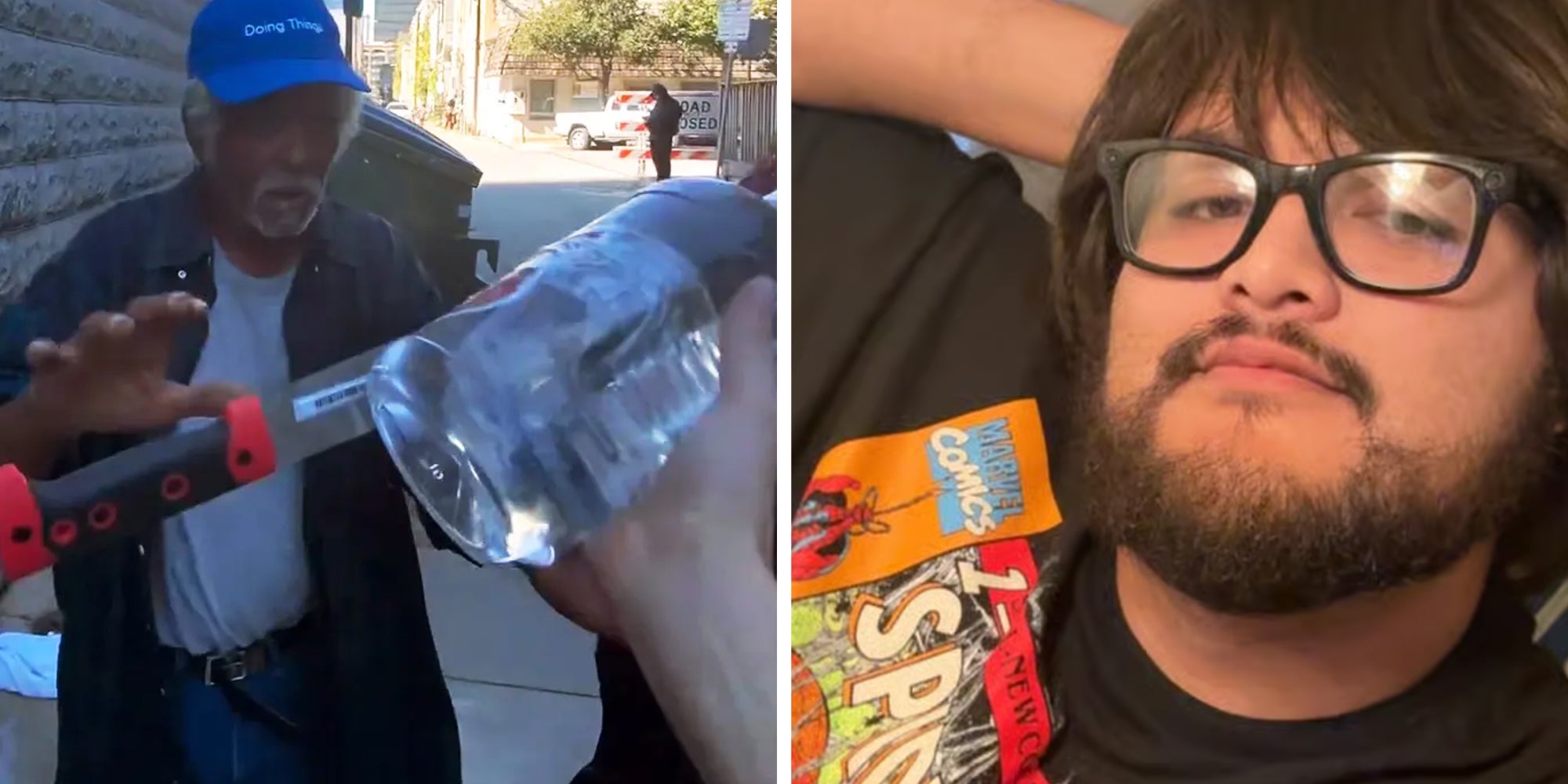 Left: TikToker Keith "Wolfy" Castillo's hand handing a homeless man a machete and a bottle of vodka. Right: TikToker Keith "Wolfy" Castillo.