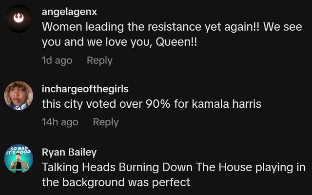 TikTok comments including one reading "Women leading the resistance yet again!! We see you and we love you, Queen!!"