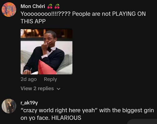 TikTok comments including one reading "Yoooooooo!!!!???? People are not PLAYING ON THIS APP"