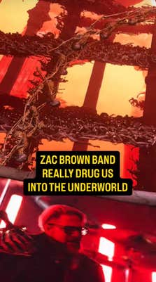 Imagery of a fiery cage crawling with skeletons. Text overlay reads, "Zac Brown Band really drug us into the underworld."