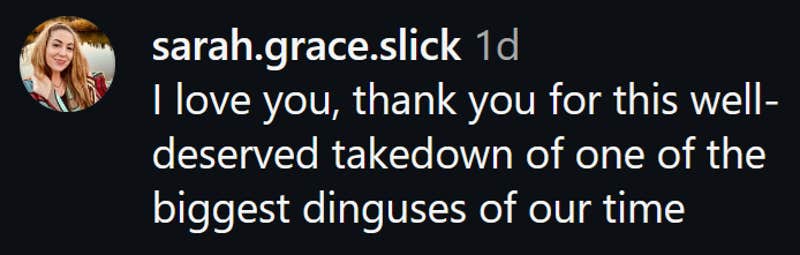 Instagram comment reading "I love you, thank you for this well-deserved takedown of one of the biggest dinguses of our time"