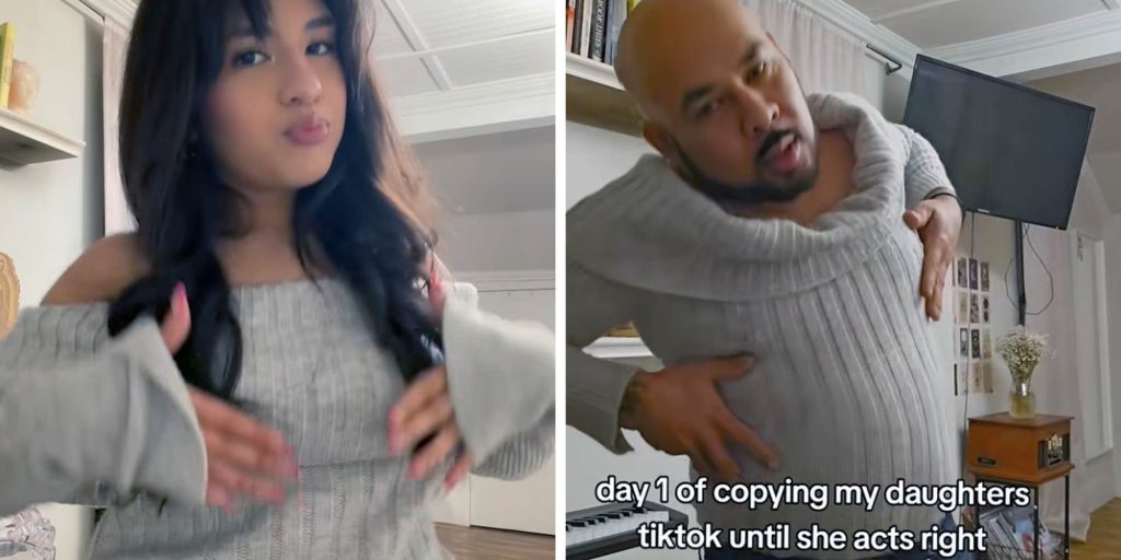He stretched my shirt out": Dad hilariously copies daughter's dance video in bid for her to "act right