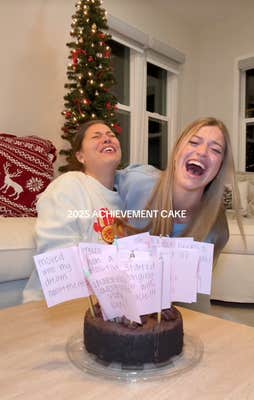 @graciekramer8/TikTok, two girlfriends laugh with achievement cake