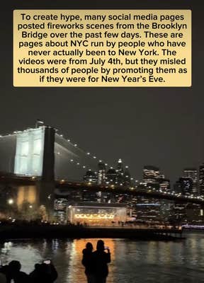 Video shot at NYE by the Brooklyn Bridge of people waiting for fireworks that didn't exist. Text overlay talks about how the hoaxers created hype around the July 4th fireworks videos to make it seem like they would be at NYE.