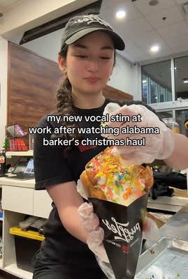 TikTok video of a woman preparing a Hong Kong egg waffle with a caption reading "my new vocal stim at work after watching alabama barker's christmas haul"