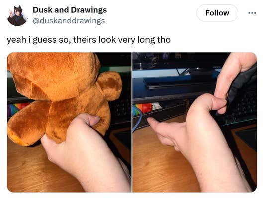 Tweet that reads, "yeah i guess so, theirs look very long tho" with photos of the poster bending their thumb like the advertisement.