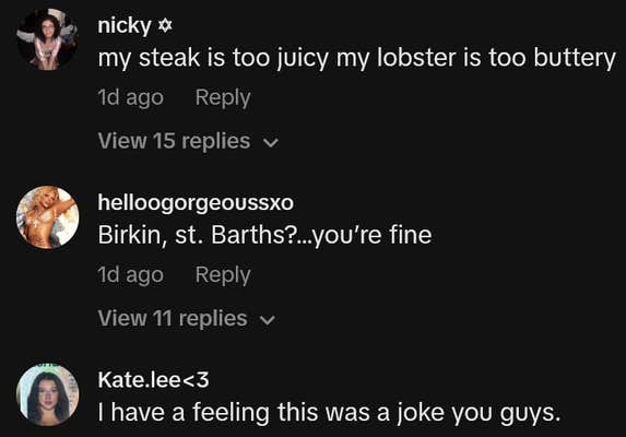 TikTok comments including one reading "my steak is too juicy my lobster is too buttery"