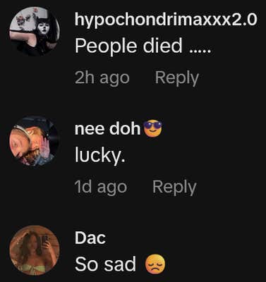 TikTok comments including one reading "People died ....."