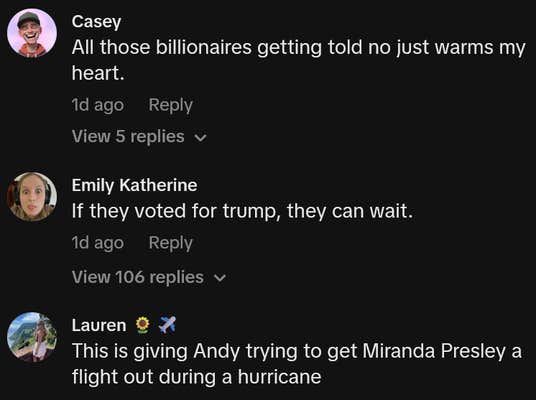 TikTok comments including one reading "All those billionaires getting told no just warms my heart."