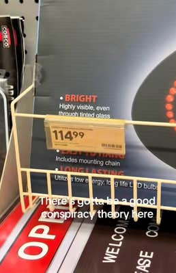 An open sign for $115 at Staples, price checked on Amazon for $26. A shredder for $180; costs $28 online. 