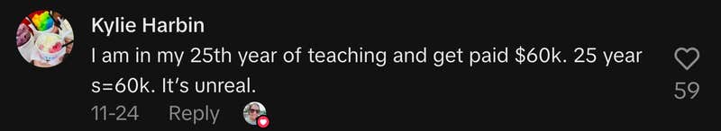 &ldquo;I am in my 25th year of teaching and get paid $60k. 25 years=60k. It&rsquo;s unreal.&rdquo;