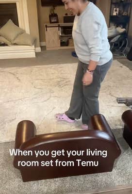 @josuemtz27/TikTok woman setting up tiny couch with on screen text: "when you get your living room set from Temu"