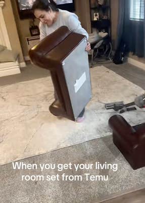 @josuemtz27/TikTok woman setting up tiny couch with on screen text: "when you get your living room set from Temu"
