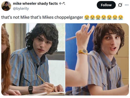 Tweet reading "that&rsquo;s not Mike that&rsquo;s Mikes choppelganger" with two screenshots of Mike Wheeler from Stranger Things.